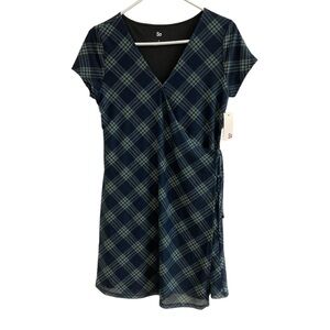 SO Juniors Womens Navy Green Plaid Faux Wrap Mini Dress Size Small NWT